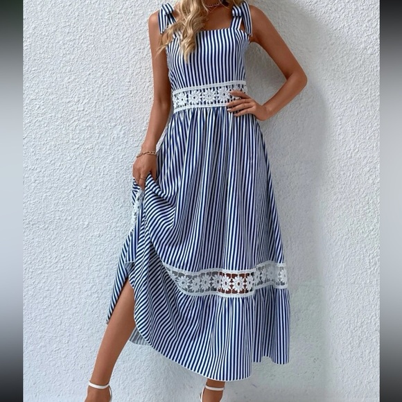 Boho Stripes Floral Lace Strap Tie Shoulder Cami Maxi Dress - Picture 9 of 12